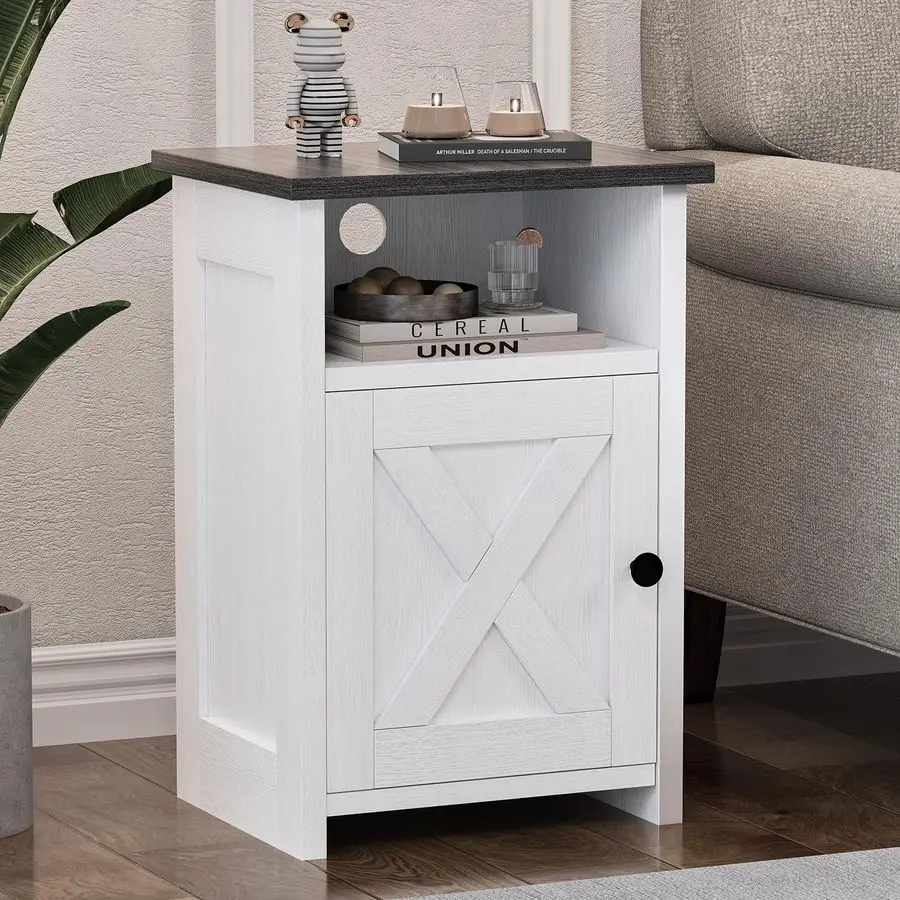 

End Table Set of 1, Nightstand with Barn Door and Storage Shelf, Rustic White Bed Side Table for Living Room, Bedroom, Entryway,