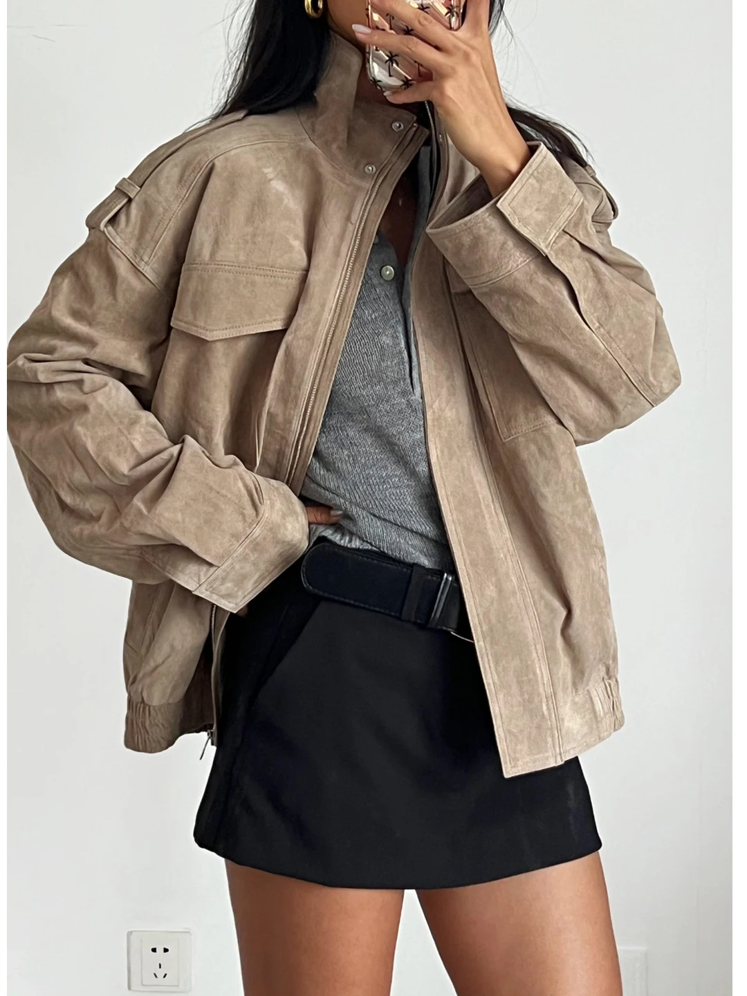 

Осенне-коричневая американская рабочая одежда с воротником-стойкой, свободная замшевая куртка, женская 434770, повседневная верхняя одежда, ветрозащитная