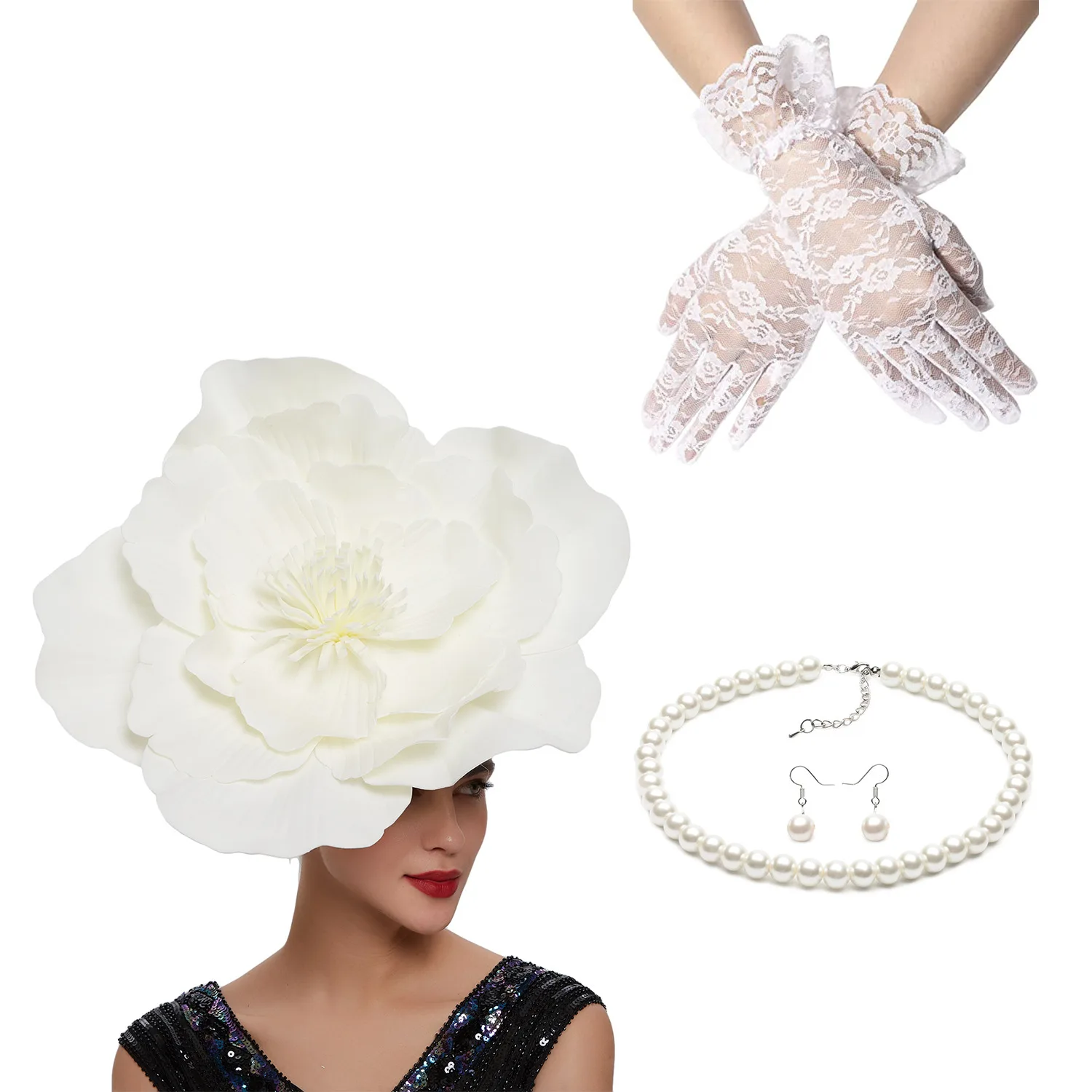 

3 pcs Fashion exaggeration flower bridal fascinator hat big flower Kentucky Headband wedding top hat lace gloves pearl necklace