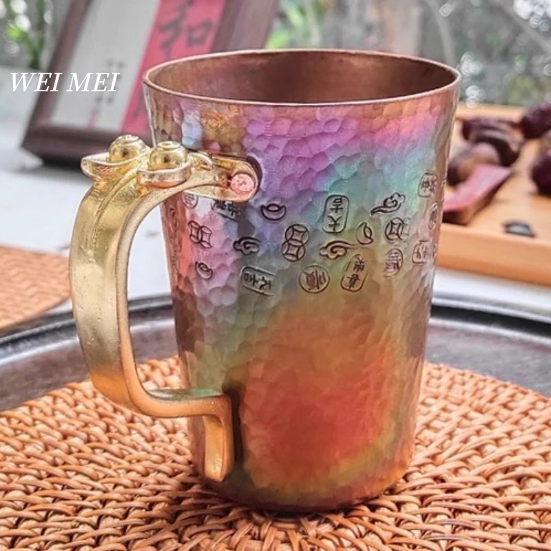 

Colorful Copper Coffee Mug,Camping 250 ml Cold Drink Cup,Vintage Handcrafted Hammer Texture Cat Shape Handle Tea Cup Drinkware