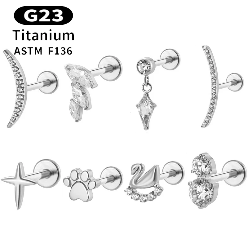 1PC G23 Titanium Piercing Labret Internal Thread Ear Studs Zircon Horse's Eye Lip Stud Helix Cartilage Tragus Stud Body Jewelry