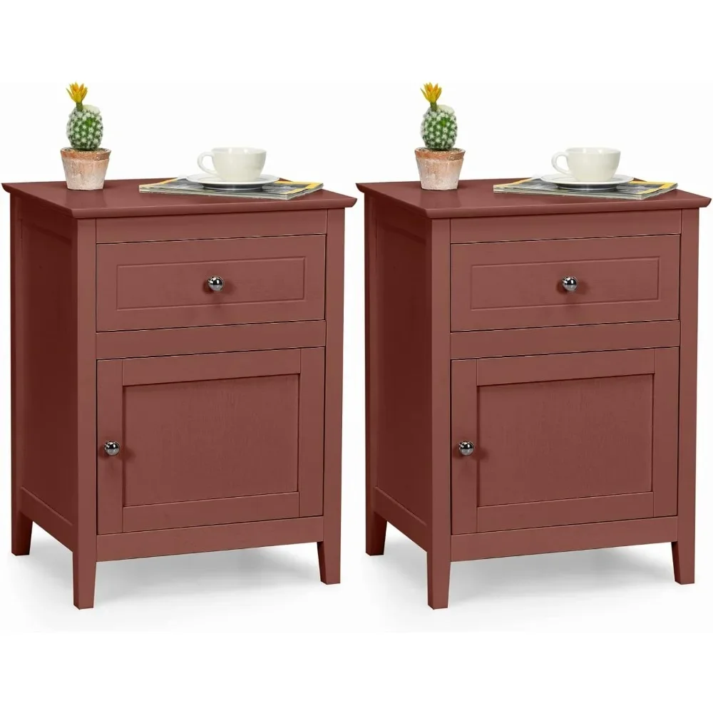 

2-piece bedside table set, wooden bedside table with drawers and storage cabinets, 4 solid wood legs, cherry color