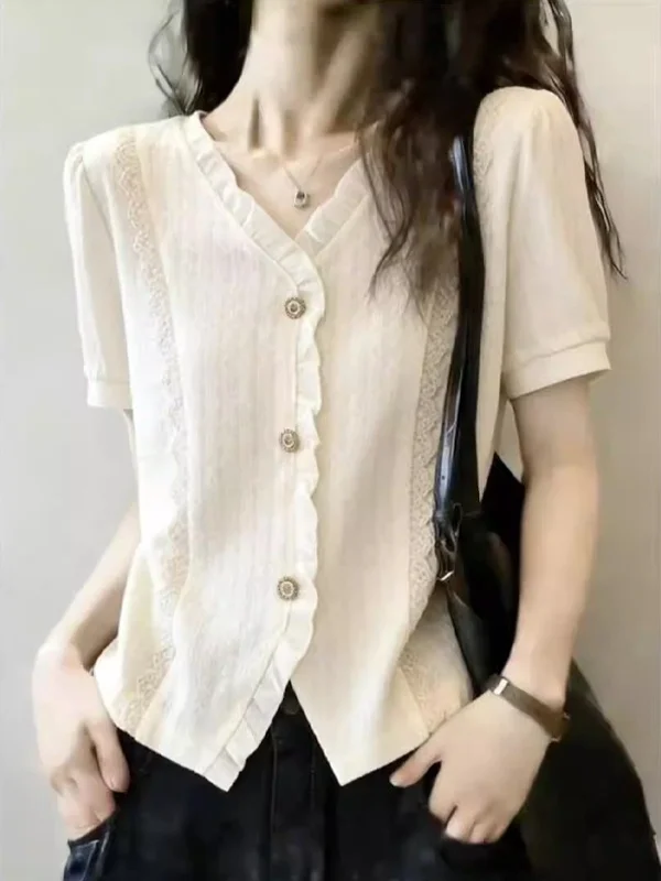 

Short Sleeve V-Neck Lace Patchwork Shirt Women's Fashion Summer New Style Unique Beautiful Top Korean Style Straight Cut Button