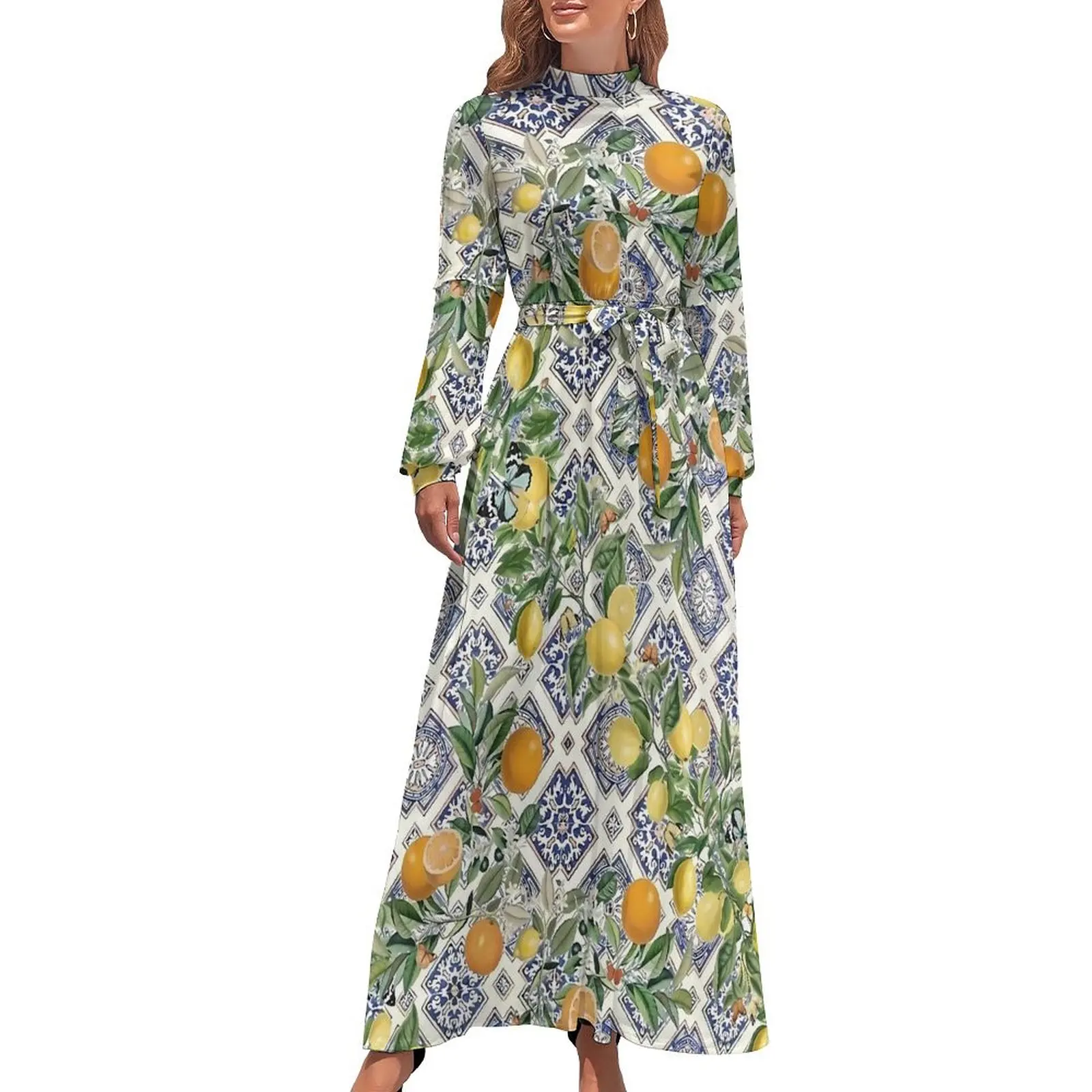 Vestido limão de manga comprida, azulejos e frutas cítricas, vestido maxi moderno, cintura alta, design estético, boho, praia, vestidos longos, ideia de presente