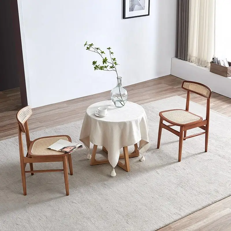 

Log dining chair adult solid wood simple modern rattan back chair ins Japanese makeup chair