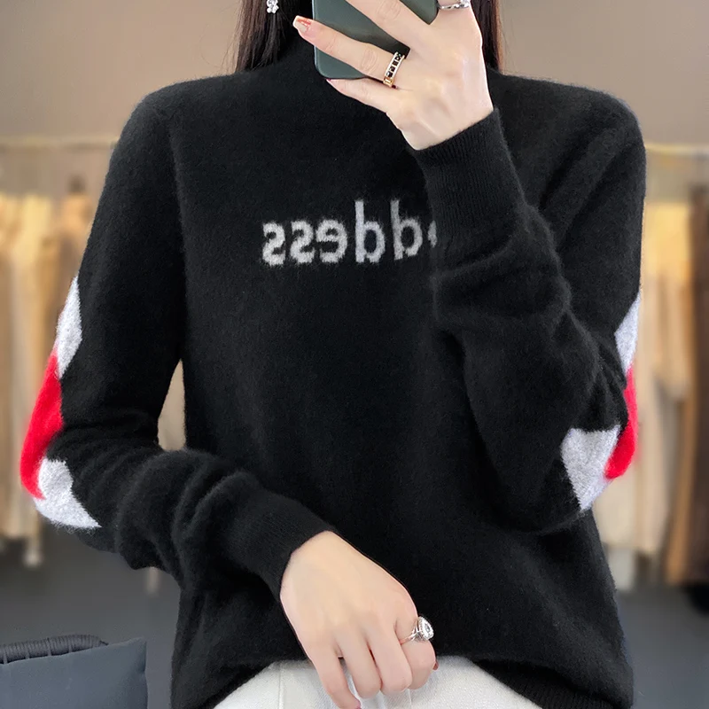 Autumn and Winter Pure Wool Knit Sweater Women\'s Thermal Jacket Half Turtleneck Embroidery Color Matching Trend Cashmere Sweater