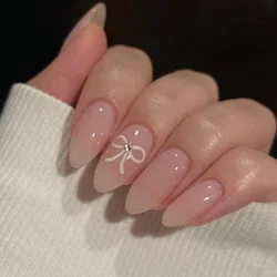 24pcs Pink Fake Nail Patch Sweet Korean Style False Nails Full Cover Wear White Bow Decortive Press on Nails for Girls Women