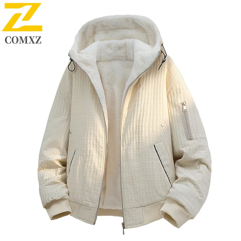 

COMXZ High Quality Men Padded Jacket Hooded Outdoor Travel Thick Warm Fleece Coats Solid Color Lightweight Winter Plus Size Coat