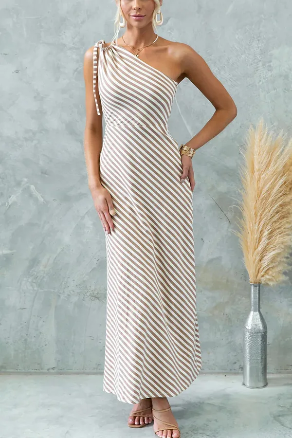 

Fashion Striped Print Dress For Women Sexy Slim Off Shoulder Slanted Collar Lace Up High Waist Long Dresses Summer New Style