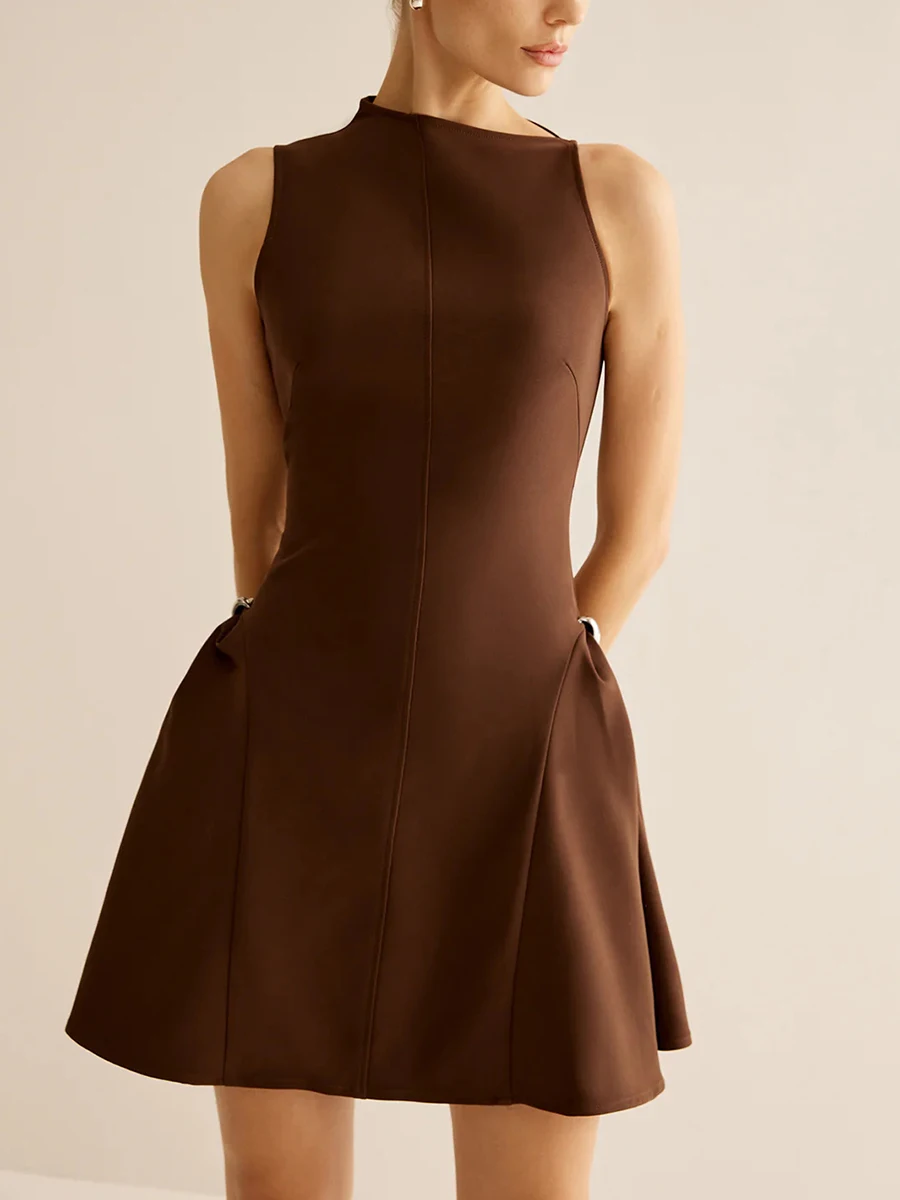 TWOTWINSTYLE Solid Slimming A Line Dress For Women Round Neck Sleeveless High Waist Minimalist Temperament Dresses Female New
