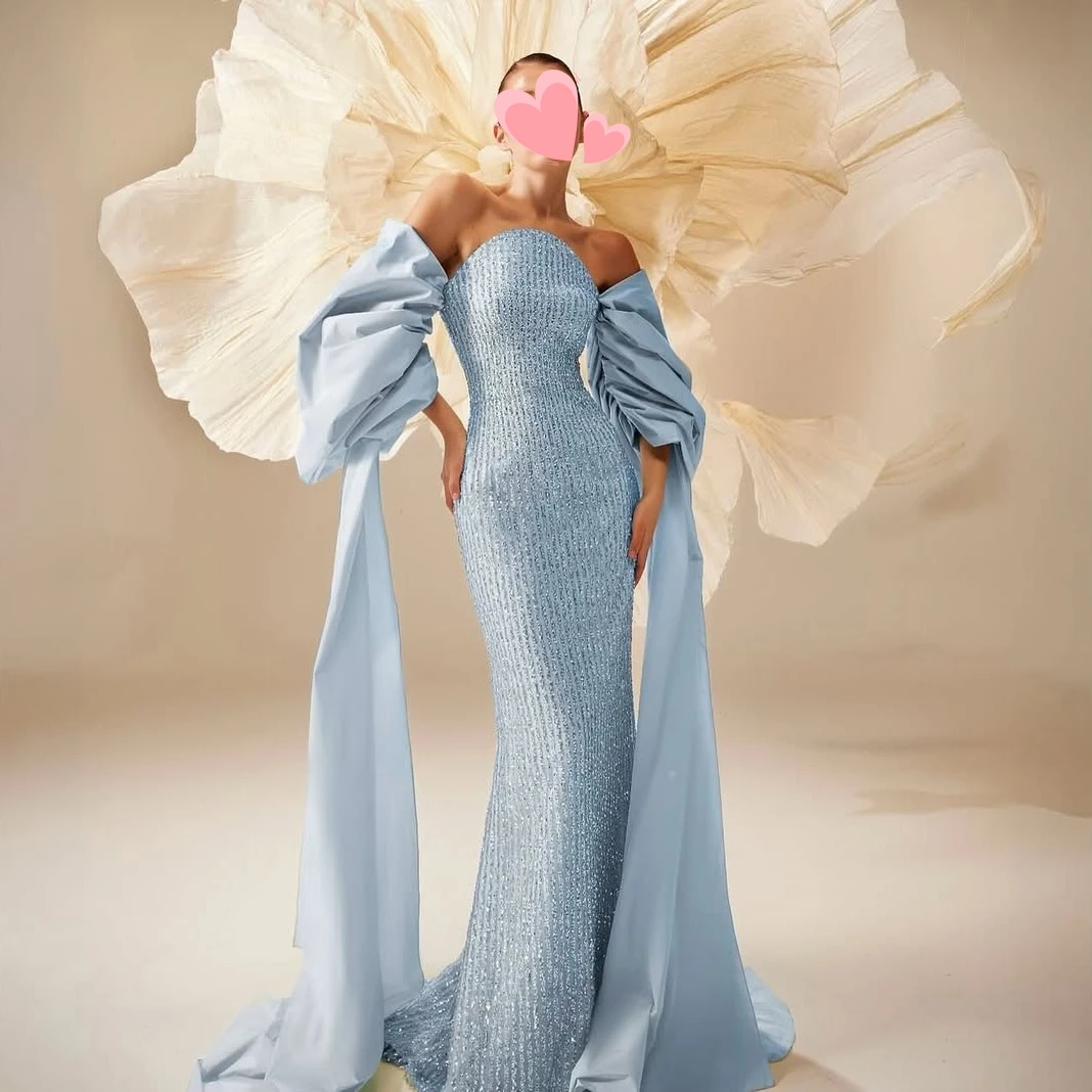 

Oisslec Dress Elegant Vintage Sweet Blue Beads Lace Mermaid Sleeves Customized Formal Occasion Prom Dress Evening Party Gowns