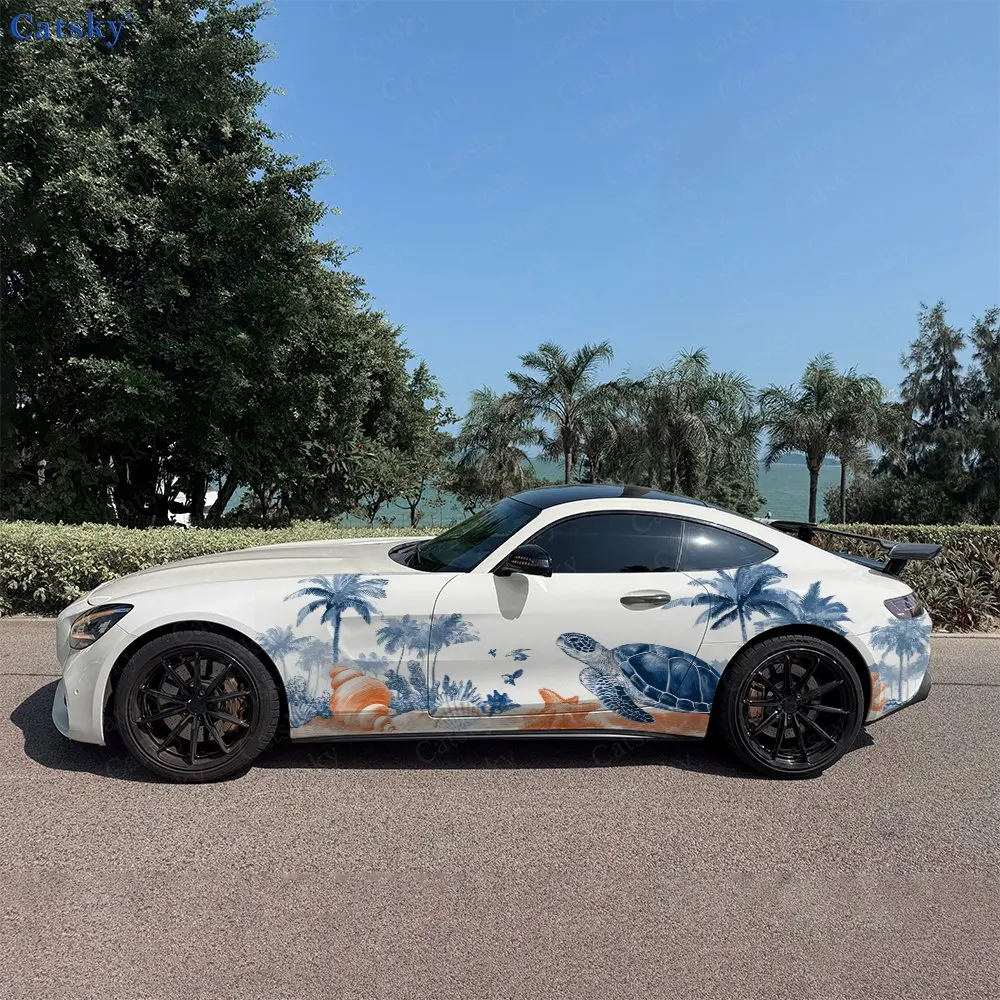 2pcs Tropical Ocean Turtle Car Side Wraps, Self-Adhesive PVC Waterproof & Scratch-Resistant Stickers, Car Accessory Gift