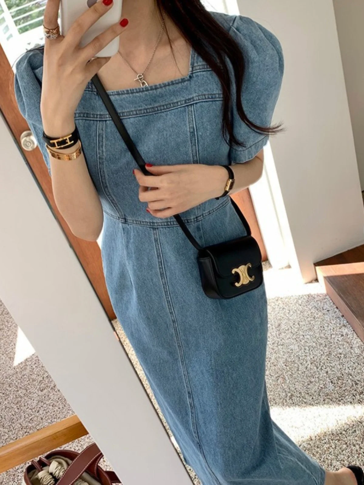 Summer Women's High Waist Denim Dr Puffy Sve Square Collar Bodycon Long Skirt Korean Sle Commute Pure Color A-Line Skirt