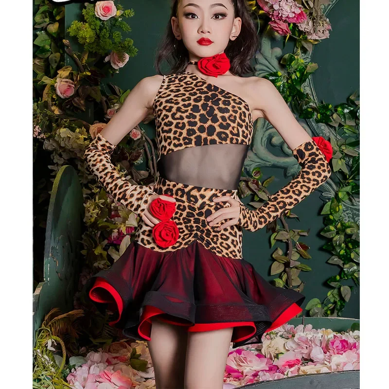 Summer new children\'s network red Latin children practice performance leopard print performance dress girls practice training dr