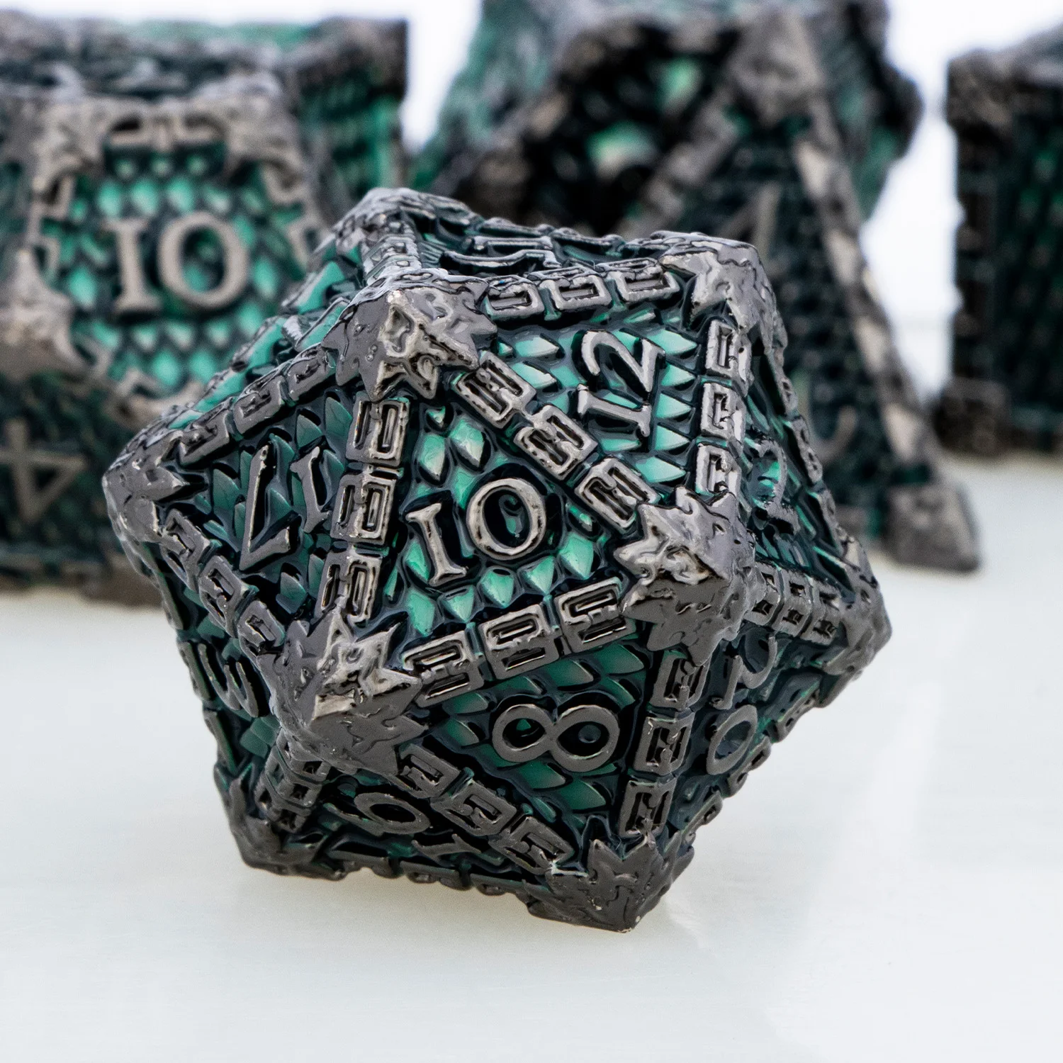 

Black Nickel Green Dnd Metal Dragon Scale Dice Set D and D Dungeon and Dragon Tabletop Role Playing Game RPG Polyhedral D&D Dice