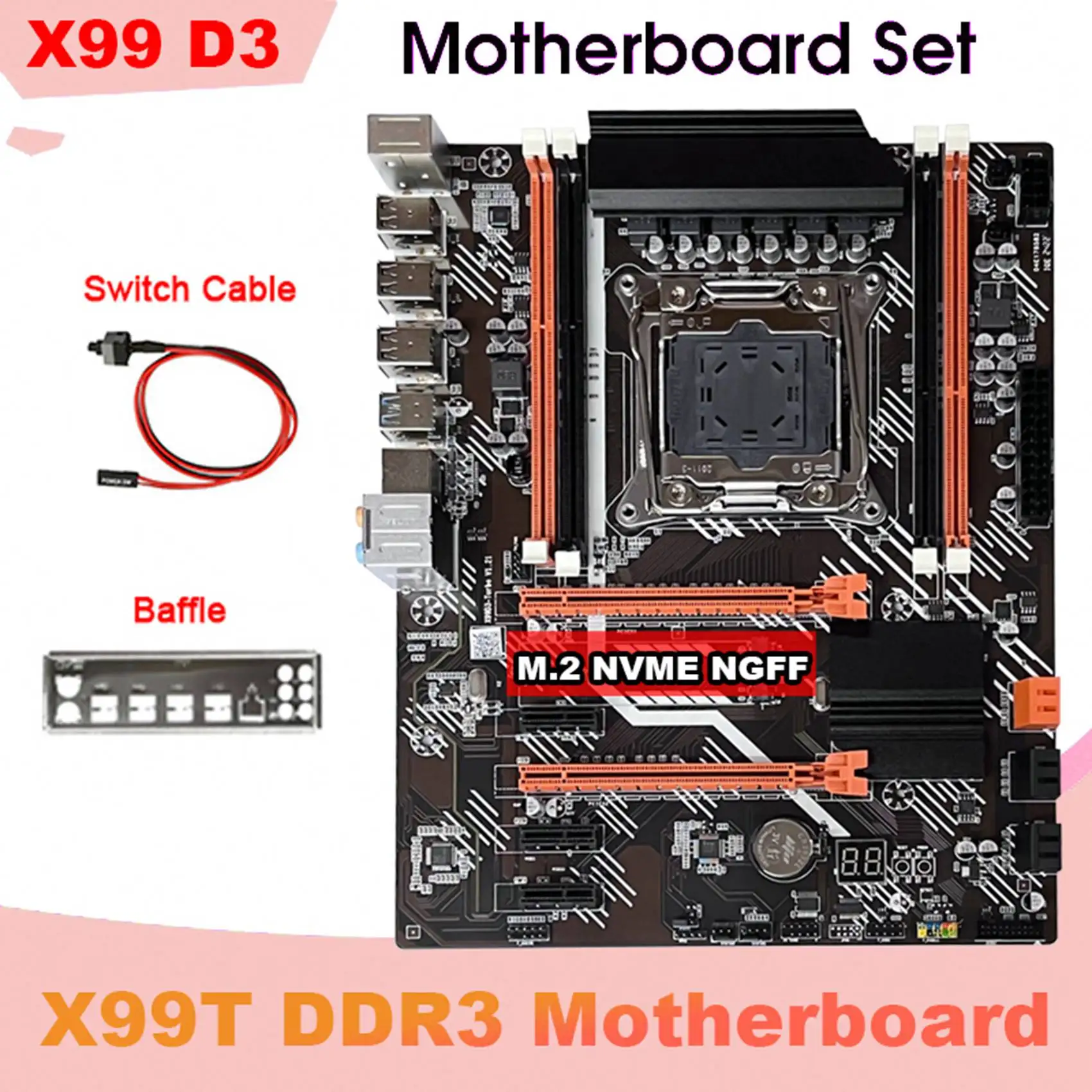 X99T Motherboard+Switch Cable+Baffle LGA2011 V3 M.2 NVME NGFF Support DDR3 4X16G Support E5 2666 E5 2673 E5 2678 V3