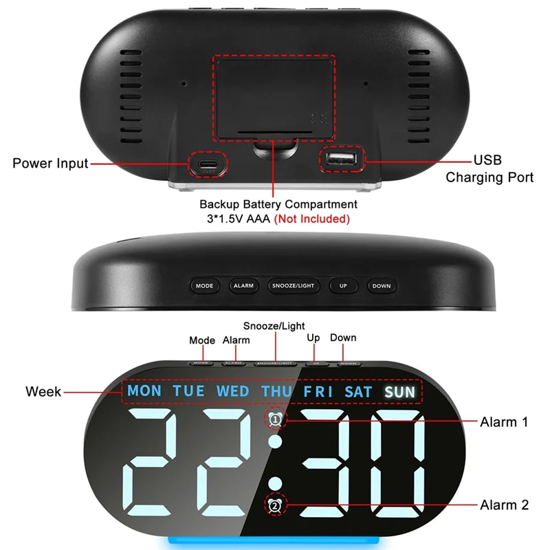 A95I-Alarm Clock Digital Radio-Controlled Clock With LED Display, Night Light, Snooze Function, Table Clock Design