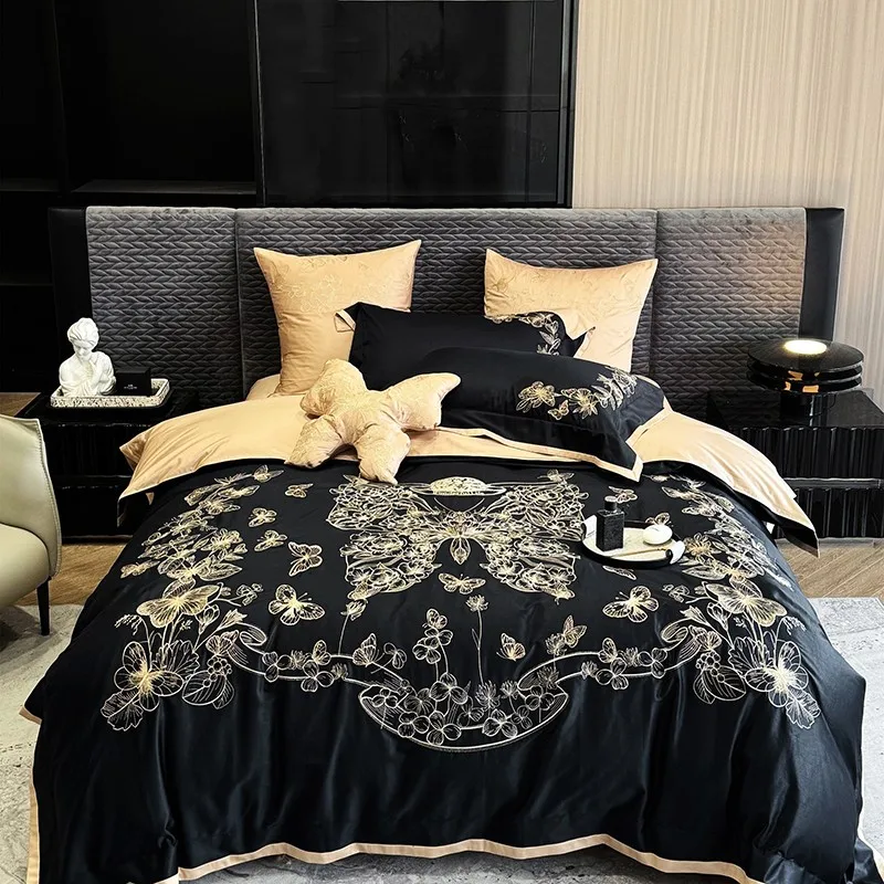 Comfort Luxurious Ultra Soft 1000TC Egyptian Cotton Quality 4Pcs Butterfly Black White Duvet Cover Set Flat Sheet Pillowcases