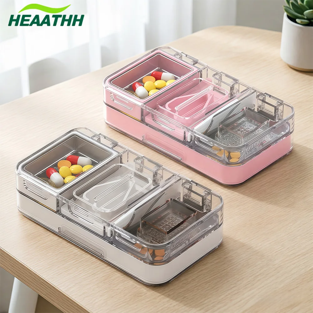 

Pill Organizer with Crusher and Cutter, Portable 3 in 1 Medicine Organizer Waterproof & Moisture-Proof, Large Capacity Pill Box
