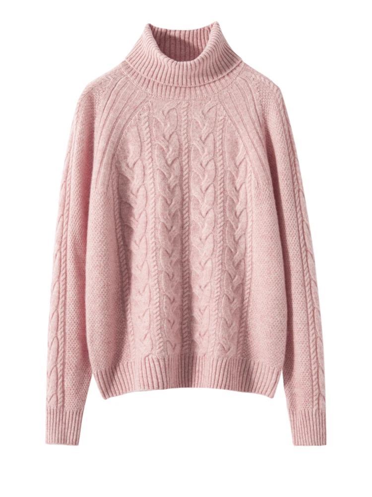 

Women's Turtleneck Pullover Sweater Winter100%Cashmere Thick Clothes Cable Stitch Knitwear Casual Retro Jacquard Female Clothing