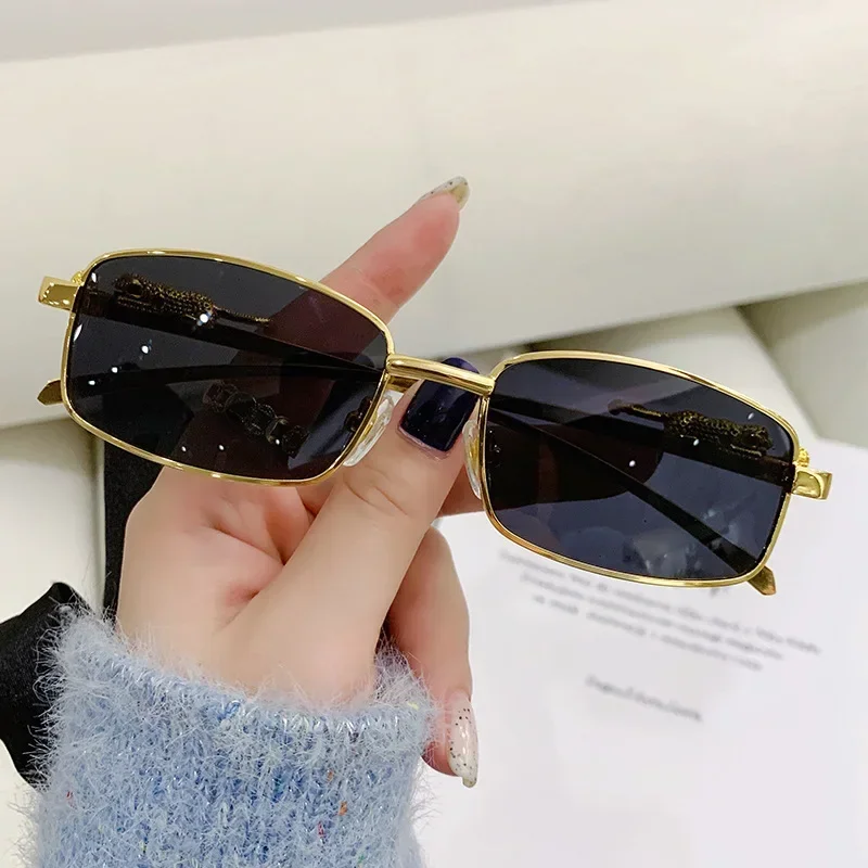 Fashion Small Frame Rectangle Sunglasses Women Retro Cheetah Decoration Clear Ocean Lens Eyewear Men Sun Glasses Shades UV400