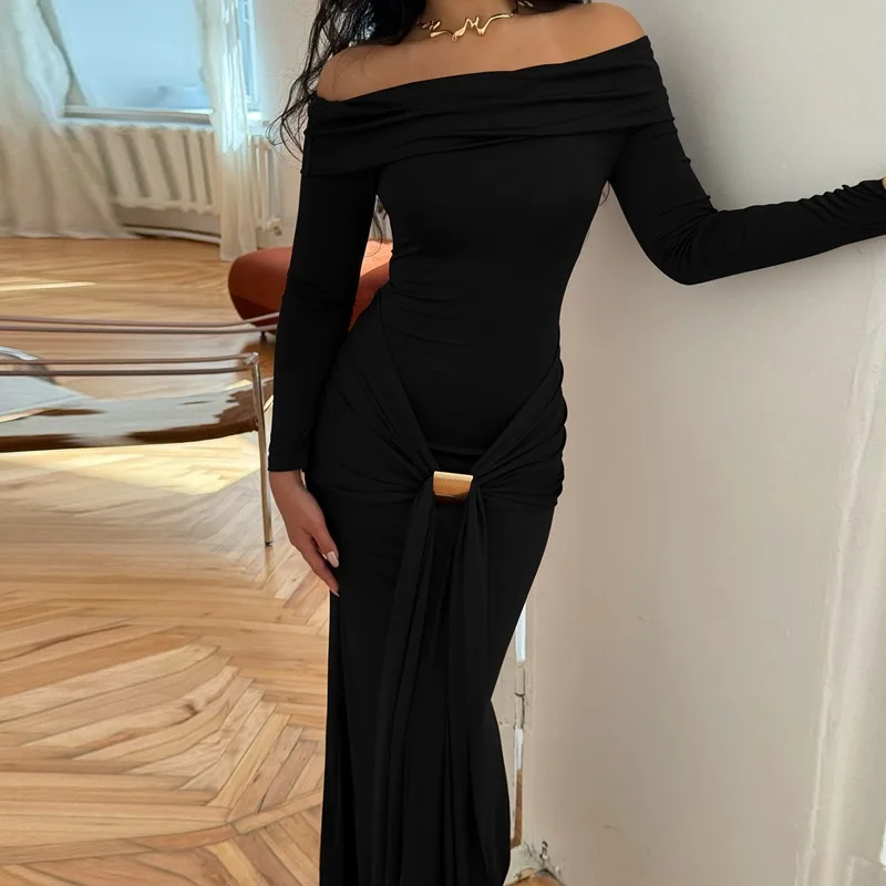Elegancka sukienka maxi z odkrytymi ramionami, marszczeniami, kryptograficzny wzór, damska, na imprezę, do klubu, jesienne sukienki bodycon z długim rękawem, suknia, odzież.