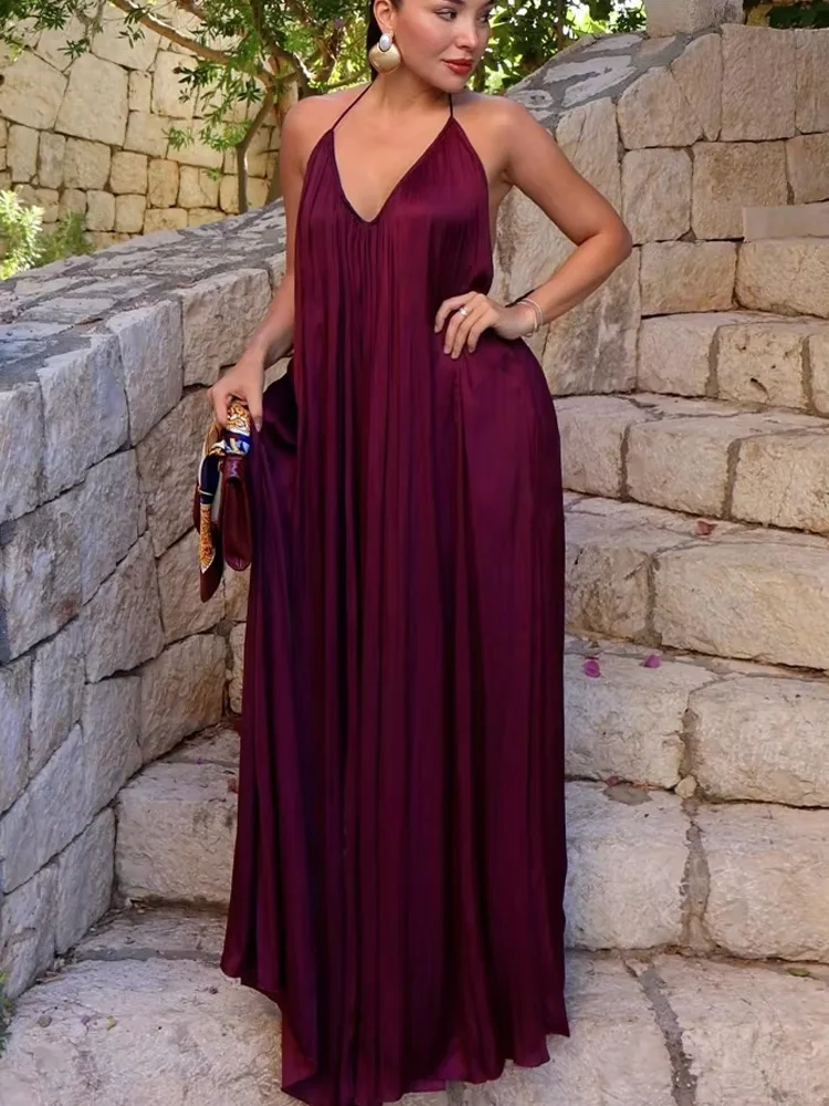 HH Summer Woman Sexy Satin Texture Long Dresses Women O-Neck Dress Sleeveless Backless Pleated Decorate Beach Party Dress