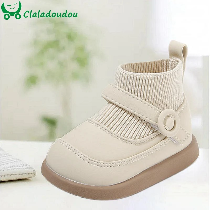 Baby Girls Fashion Boots With Thin Velvet,Solid Beige Khaki Infant Woman Knitting Winter Shoes,Soft Sole Toddler Dress Shoes