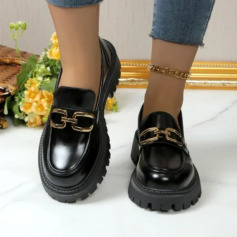 2024 Female Shoes Women Fashion Mary Janes Round Toe Flats Loafers Oxfords Platform Casual Metal Chain Buckle Ladies Heels Black