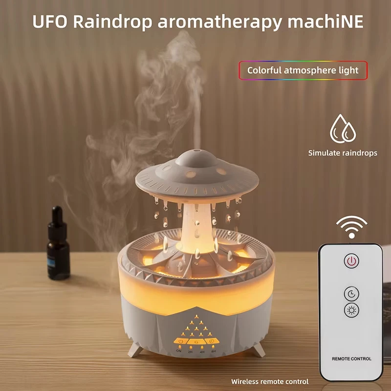 Cloud Rain Humidifier Water Drip 300ml Cloud Rain Aromatherapy Essential Oil Diffuser with UFO Design Raining Cloud Night Light