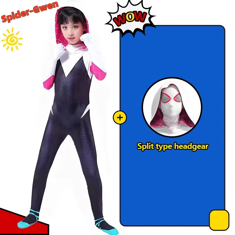 3D スタイルのボディスーツ大人用スパイダーグウェンゴーストスパイダーガールズコスプレフード付きスーツスパイダーコスプレハロウィンコスチュームジャンプスーツ女の子用