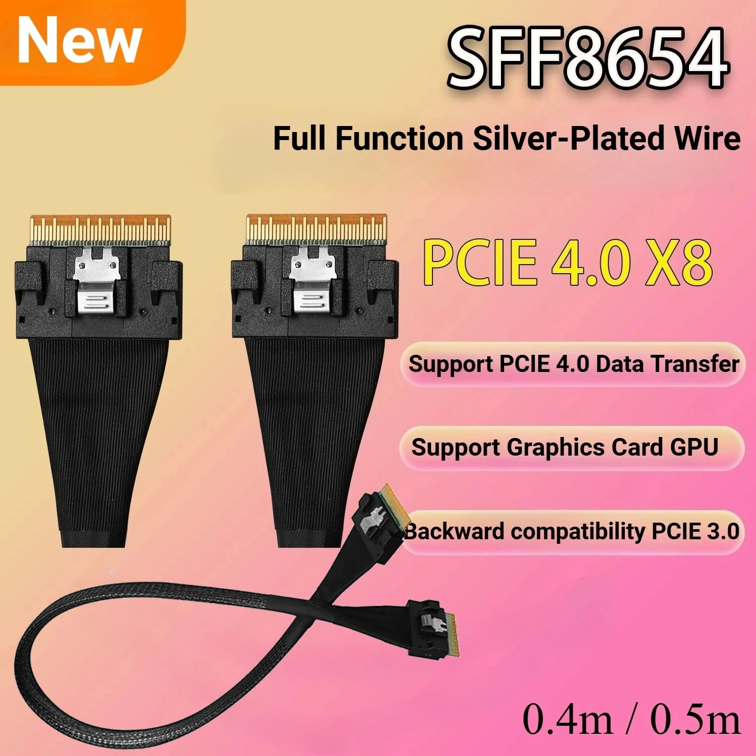 High Speed Server PCIE 4.0 x8 Silver-Plated Wire SFF-8654 Male Data Cable Slimsas 8X SFF 8654 SAS4.0 for GPU Video Card External