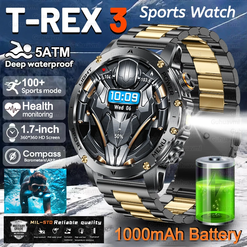 

2025 New Military Grade T-Rex 3 Smart Watch 1000mAh Battery 5ATM Waterproof GPS Bluetooth Call AMOLED HD Men Sports Smartwatches