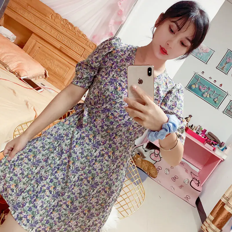 Puff Sleeve Chiffon Midi Korean Loose Summer Light Dress Floral Fashion Casual Elegant 2024 Women\'s Dresses Aesthetic Tunics