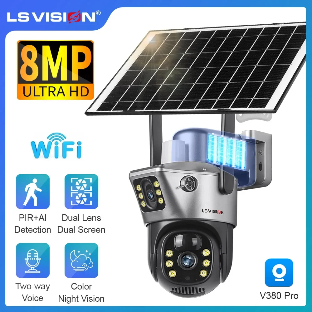 LS VISION-Câmera Solar com Lente Dupla, Detecção de Movimento, Rastreamento Humano Automático, Câmeras de Vigilância, Tela Dupla, WiFi, Bateria, CCTV, 4K, 8MP