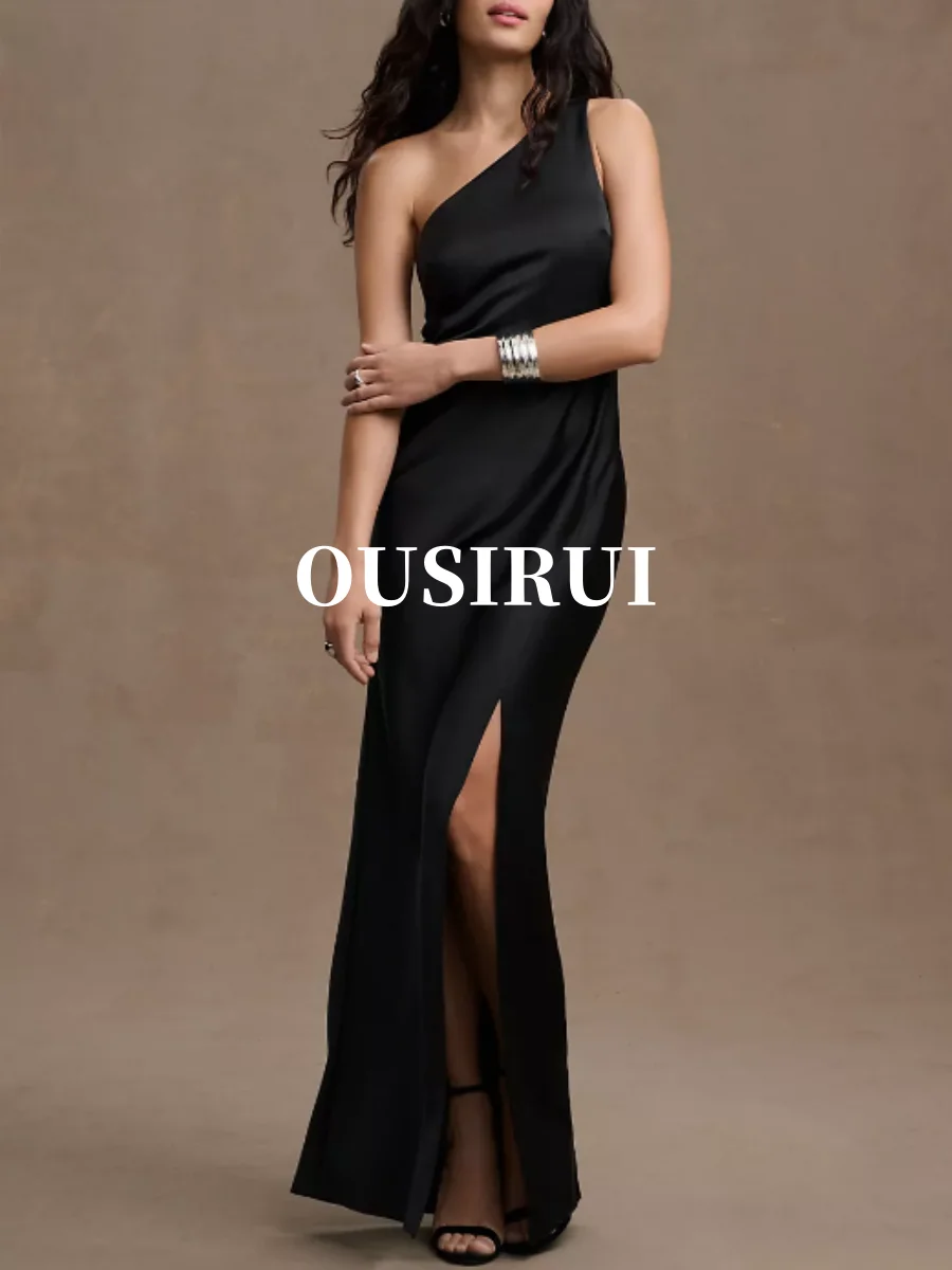 OUSRIUI 2024 Black Dress One-Shoulder Evening Gown Woman Backless Slit Skirt Zipper Tight Fashion Luxury Intellectual Prom Bride