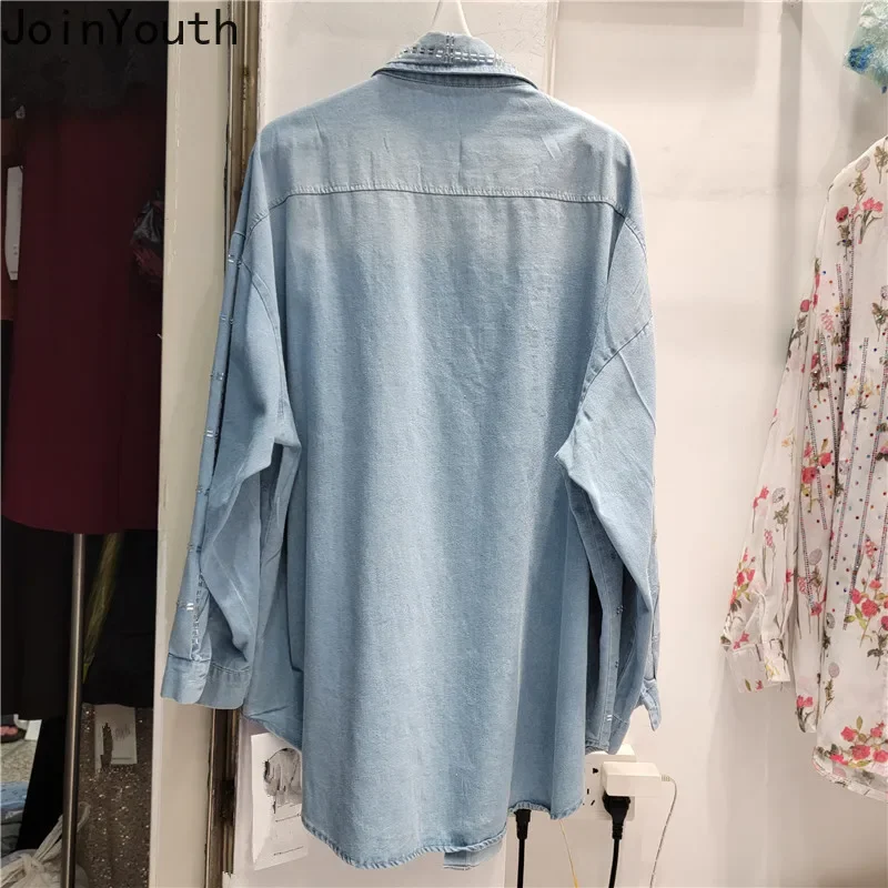 Streetwear Denim Blouses Women Clothing Long Sleeve Diamond Fashion Casual Shirts 2024 Camisas De Mujer Vintage Y2k Tops 7o646