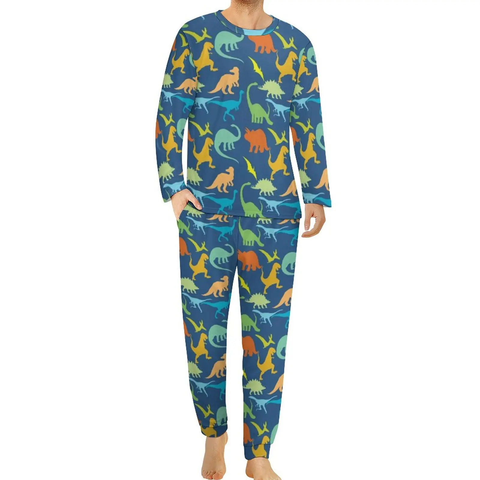 Colorful Dinosaurs Pajamas Dinosaur Silhouette Men Long Sleeve Soft Pajama Sets Two Piece Casual Winter Nightwear Birthday Gift