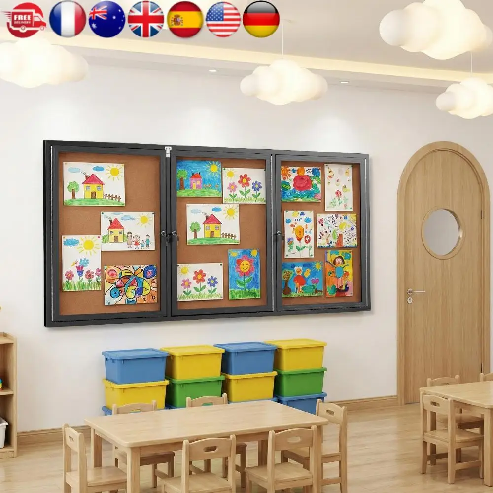 

Outdoor Lockable Display Case Aluminum Frame Cork Displays Boards with Glass Locking Door for School Office Classroom Commercial
