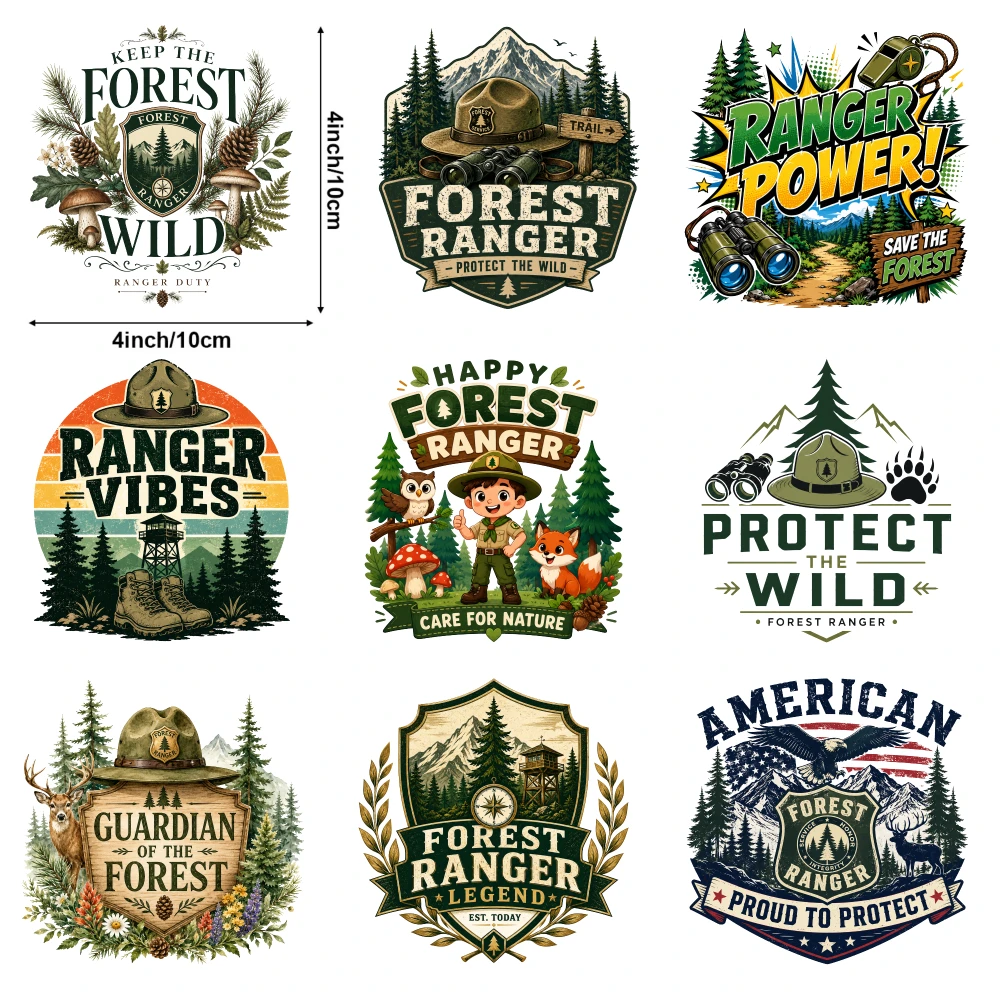9 Pcs Forest Ranger Iron on Transfers Press Washable Stickers casual style. Hoodie DIY Crafts for Clothing T-Shirt Jeans