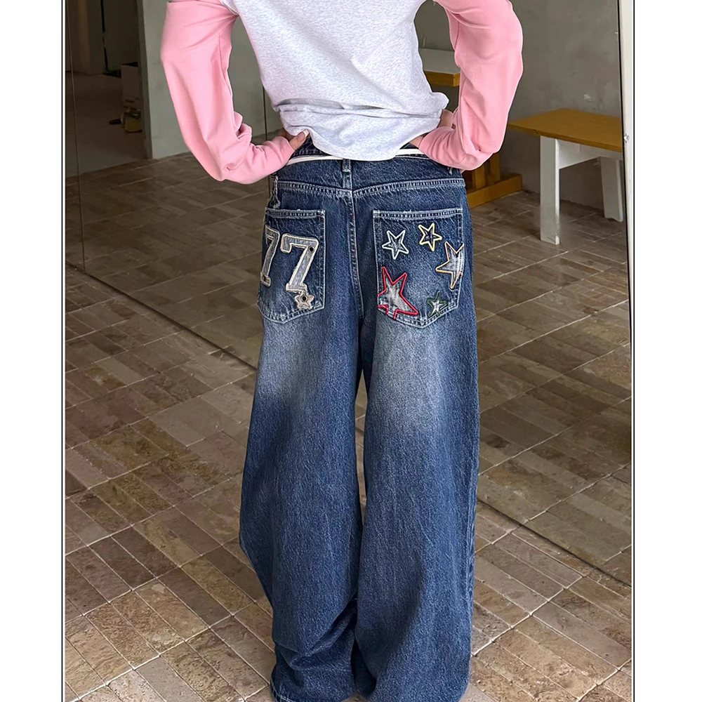 

Женские синие широкие джинсы со звездами и карманами, винтажные прямые брюки с высокой талией, мешковатые уличные брюки, повседневные джинсовые брюки, новинка 2023 года