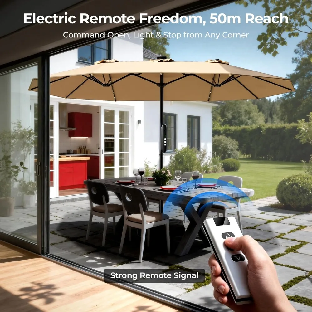 15FT Motorized Electric Large Patio Umbrella with Base and Solar Lights Outdoor, Double-Sided Rectangle Umbrella, Customized