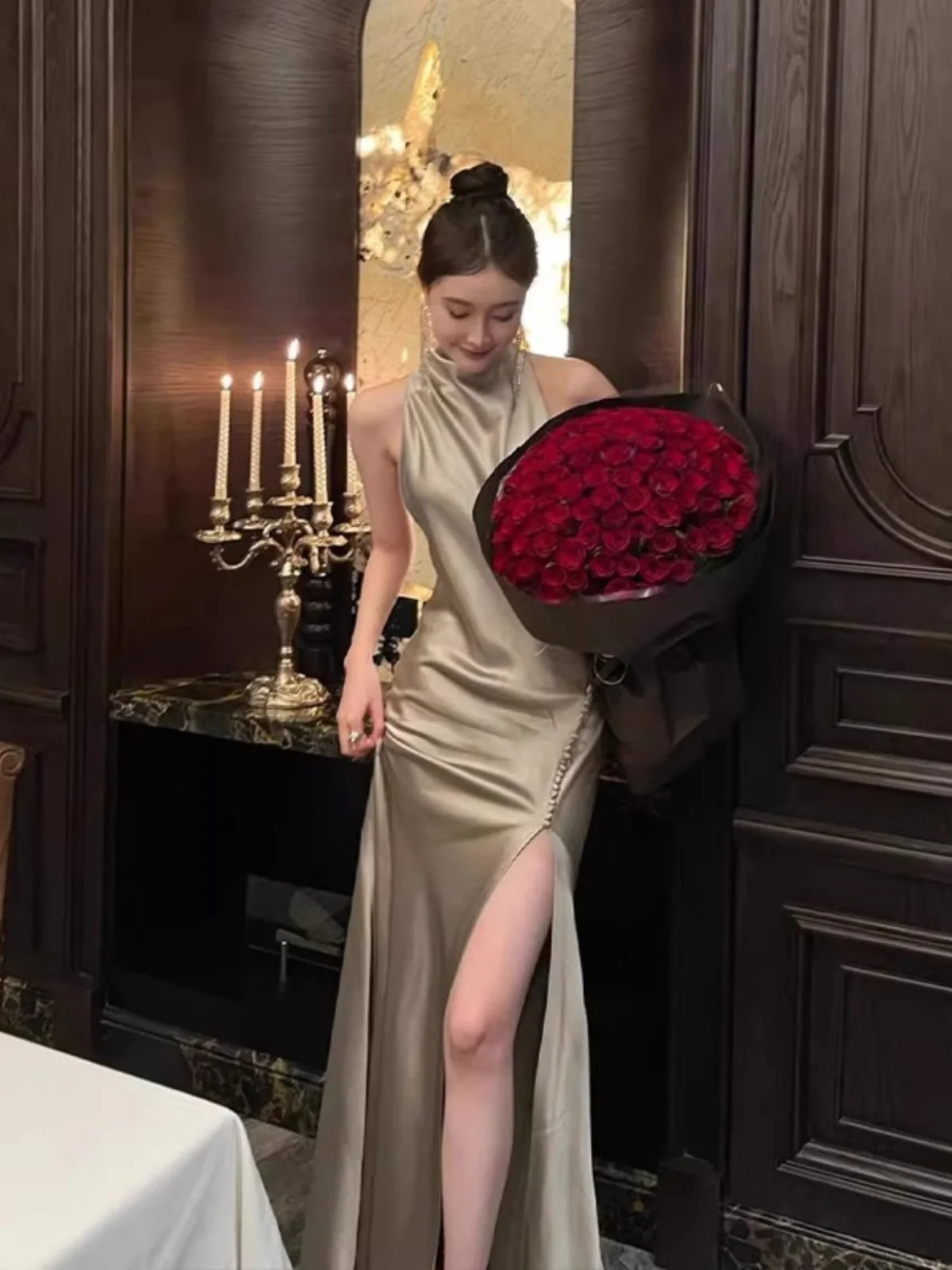 

Ele Birthday Par Long Dr Women's Ball Acetate Satin Ne Hanging Bal Knot Dr Sexy High Waist Hollo...