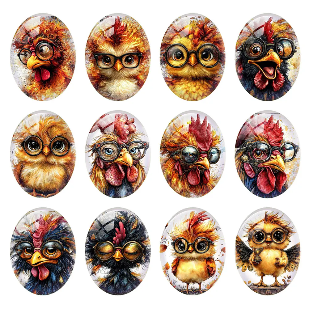 Random Mixed Round/Oval/Square Glasses Fluffy Chick Cartoon Farm Photo Glass Cabochon Flatback Demo Cameo For Diy Jewelry Making