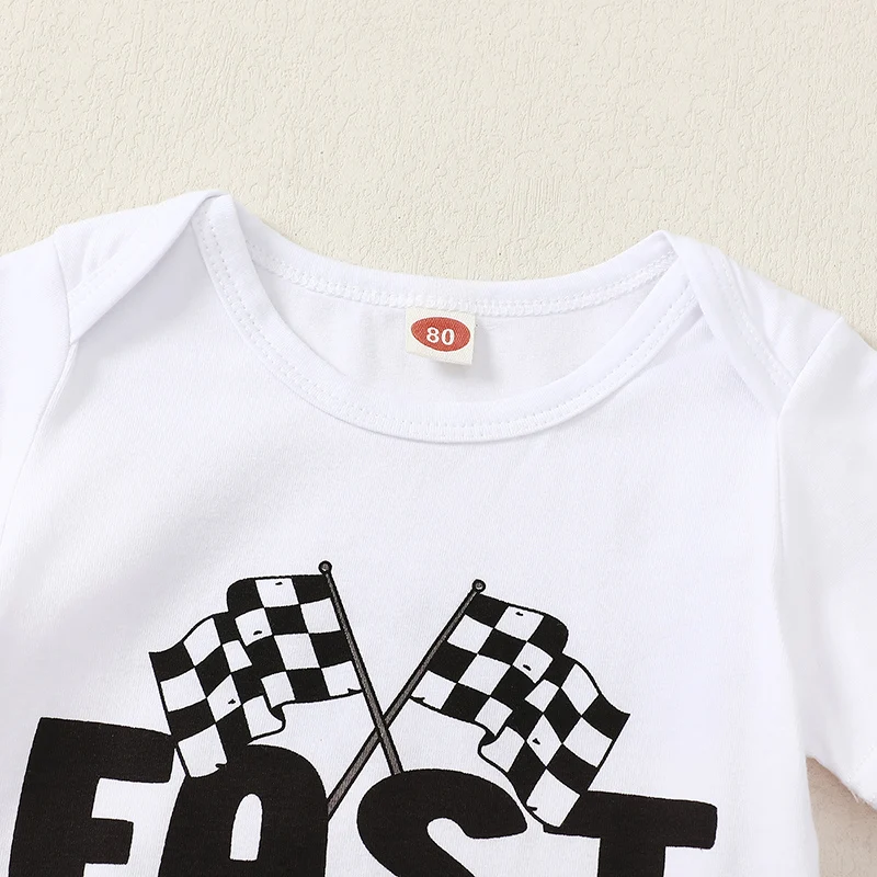 2-Piece Baby Boys Set Race Car Print Short Sleeve Round Neck Romper Plaid Print Contrast Color Shorts Outfits