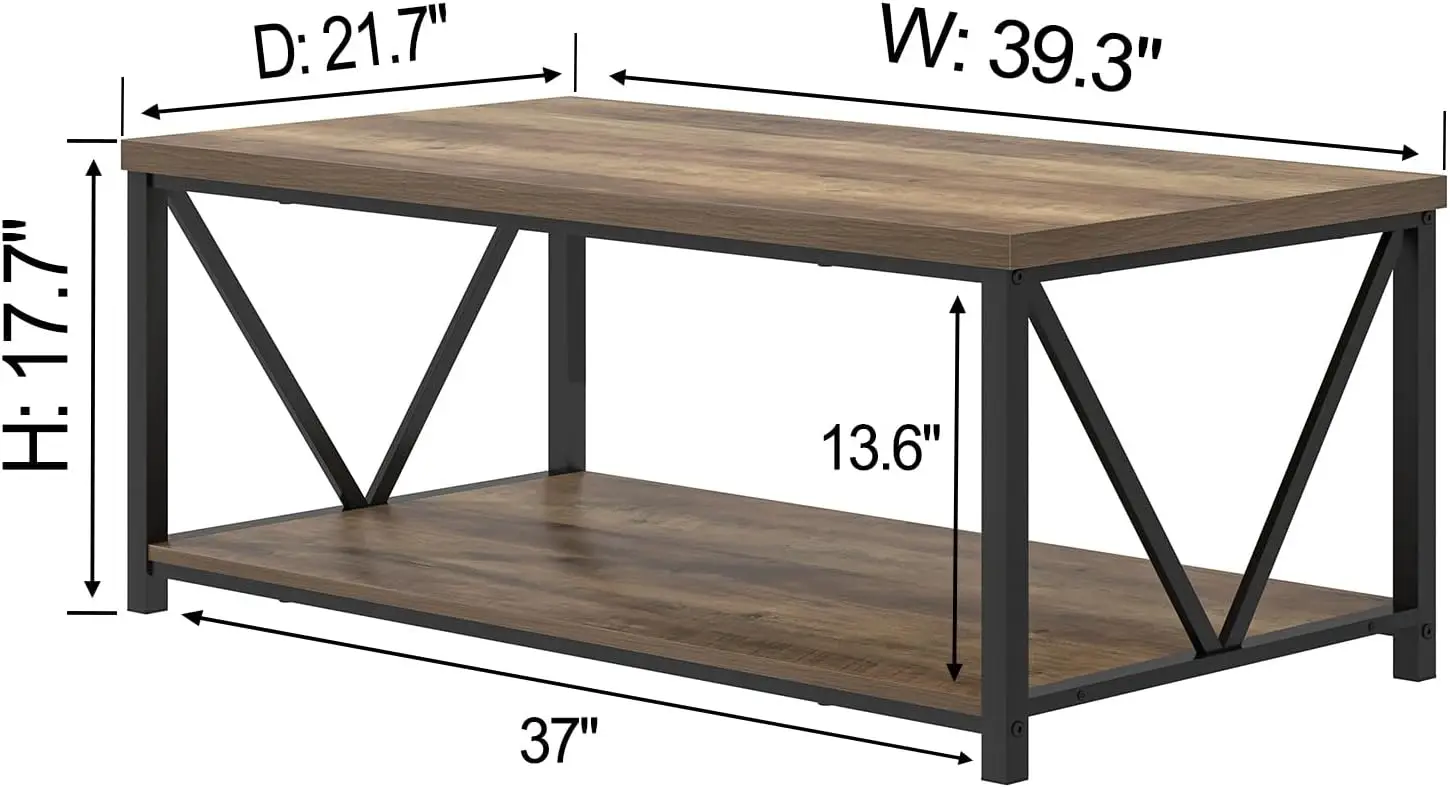 Foluban Coffee Table With Storage Shelf, Modern Industrial Metal And Wood Living Room Table, Small Rectangle Cocktail Tea Table