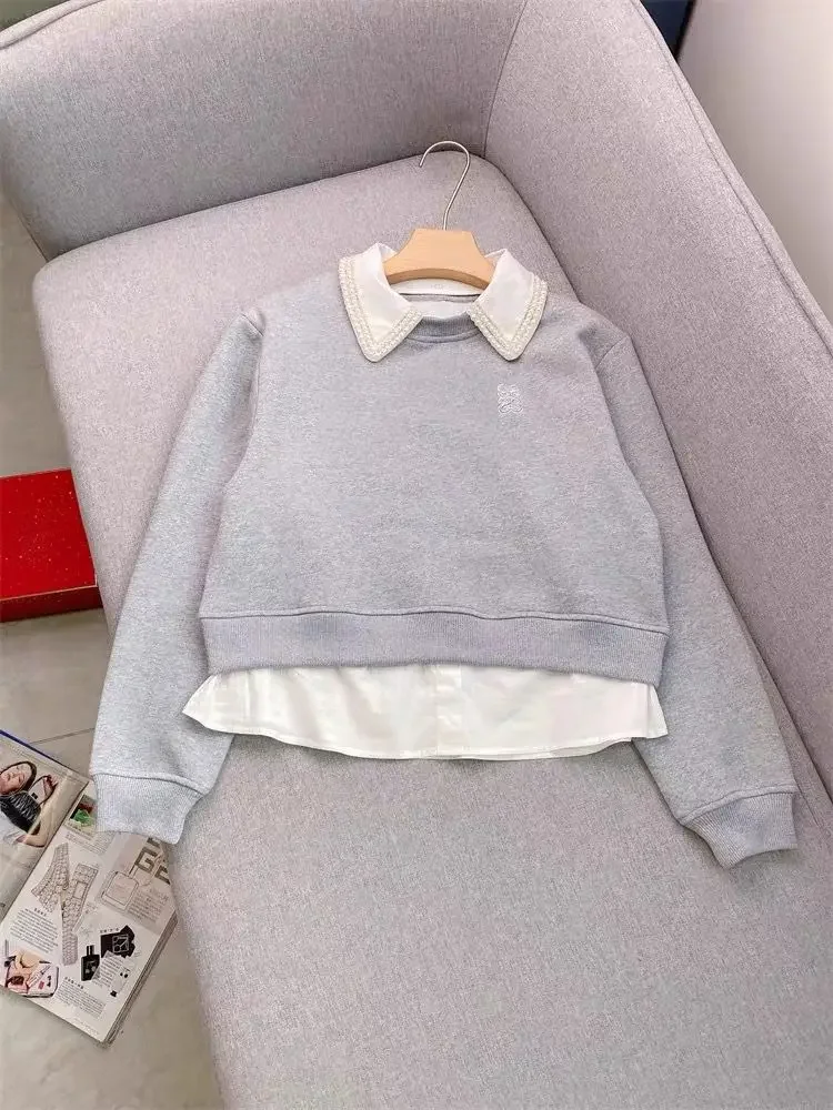 وهمية قطعتين المرأة البلوز الرمادي الديكور بدوره إلى أسفل طوق الإناث التطريز خطابات البلوز الأعلى #5