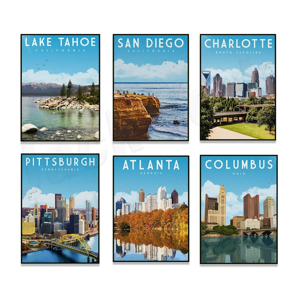 Lake Tahoe, Pittsburgh, Columbus, Cleveland, Arizona, New Orleans, Huntington Beach Pier, Illinois, Atlanta city travel posters