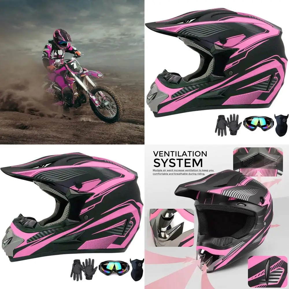 

Комплект внедорожных шлемов для молодежи и взрослых с перчатками, очками и маской — сертифицированный DOT, розовый, средний размер