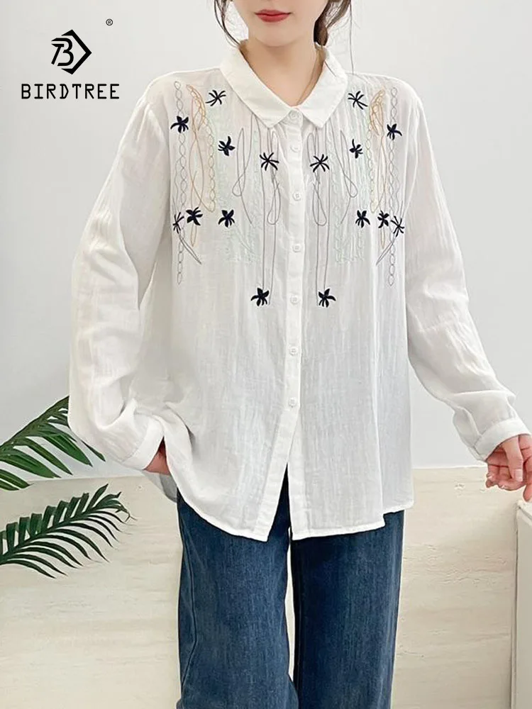 

New 2025 Autumn Cotton Yarn Long Sleeve Shirt, Women Turn-down Collar Embroidery, Mori Girl Soft Versatile Loose Blouse T59354CC